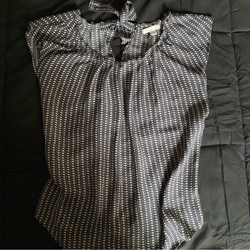 Women's Navy Patterned Tie-Neck Blouse